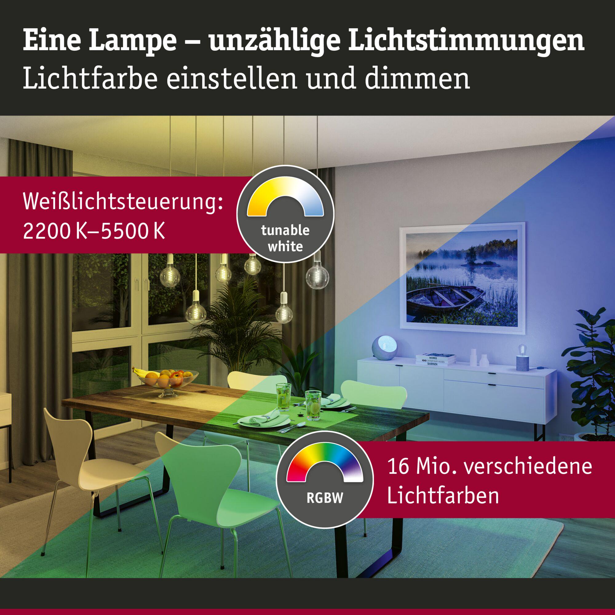 Living room with dimmable lamp and adjustable light color from 2200K to 5500K warm white to RGBW colors.