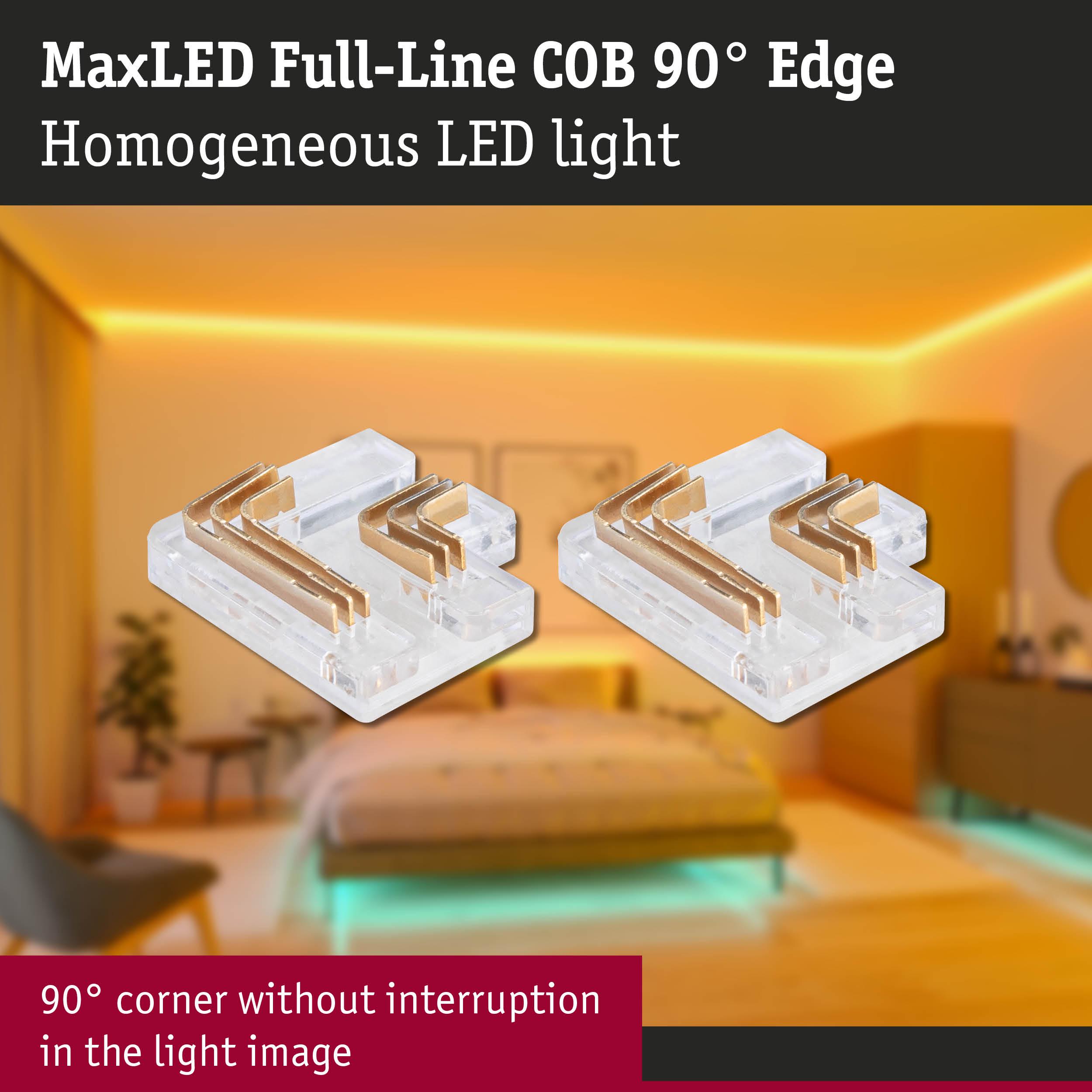 MaxLED Full-Line COB 90° corner connector in clear plastic for seamless LED strip lighting