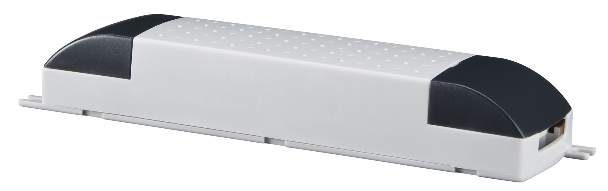 White plastic housing with black end caps, rectangular electronic component for LED lighting