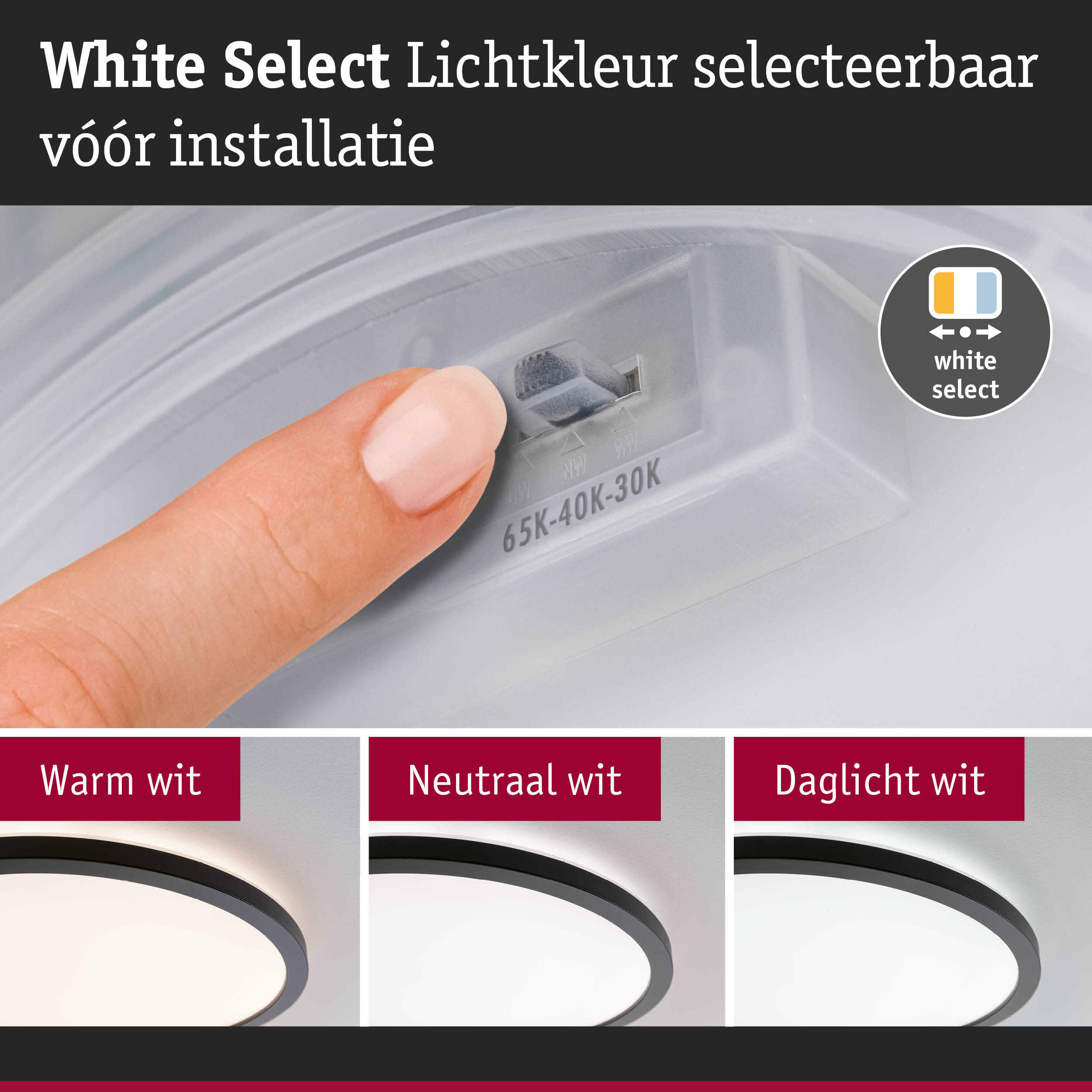 Vinger stelt witte LED-plafondlamp in met instelbare lichtkleur warm, neutraal, daglicht