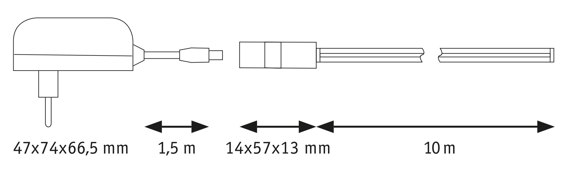 Schéma technique d’un adaptateur secteur 47x74x66,5 mm avec câbles de 1,5 m et 10 m