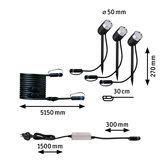 Schwarzes LED-Gartenstrahler-Set mit Erdspießen und Kabeln, Maße 50 mm Durchmesser, 270 mm Höhe.