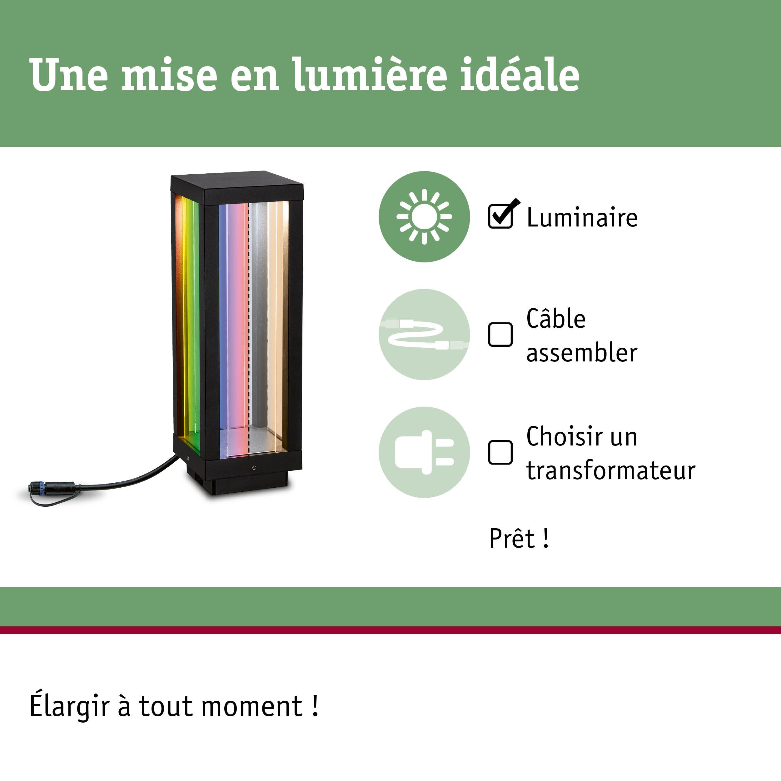 Luminaire LED noir avec panneaux en verre coloré et câble pour éclairage extérieur de jardin