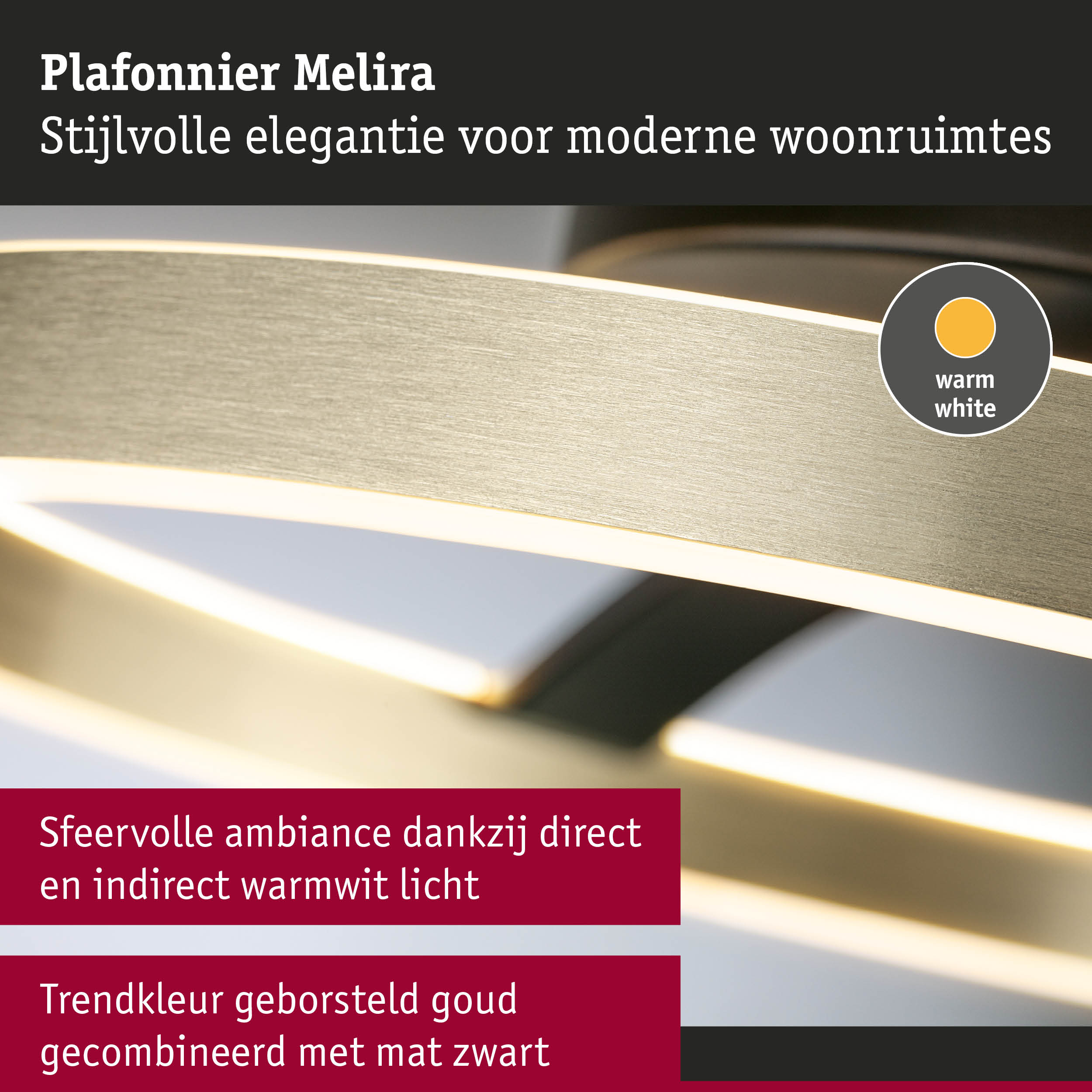Plafonnier Melira in geborsteld goud en mat zwart met warm wit licht voor moderne woonruimtes