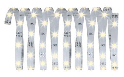 Flexible white LED strip with warm white lights for versatile lighting applications.