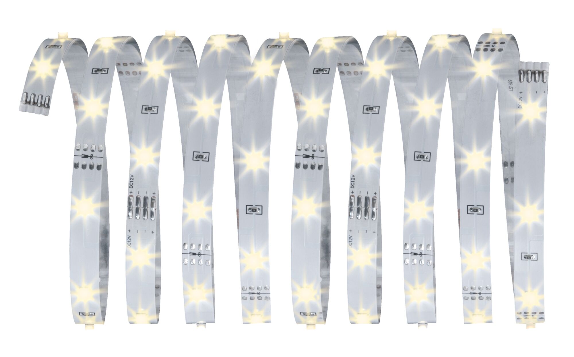 Flexible white LED strip with warm white lights for versatile lighting applications.