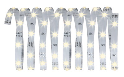 Flexible white LED strip with warm white lights for versatile lighting applications.