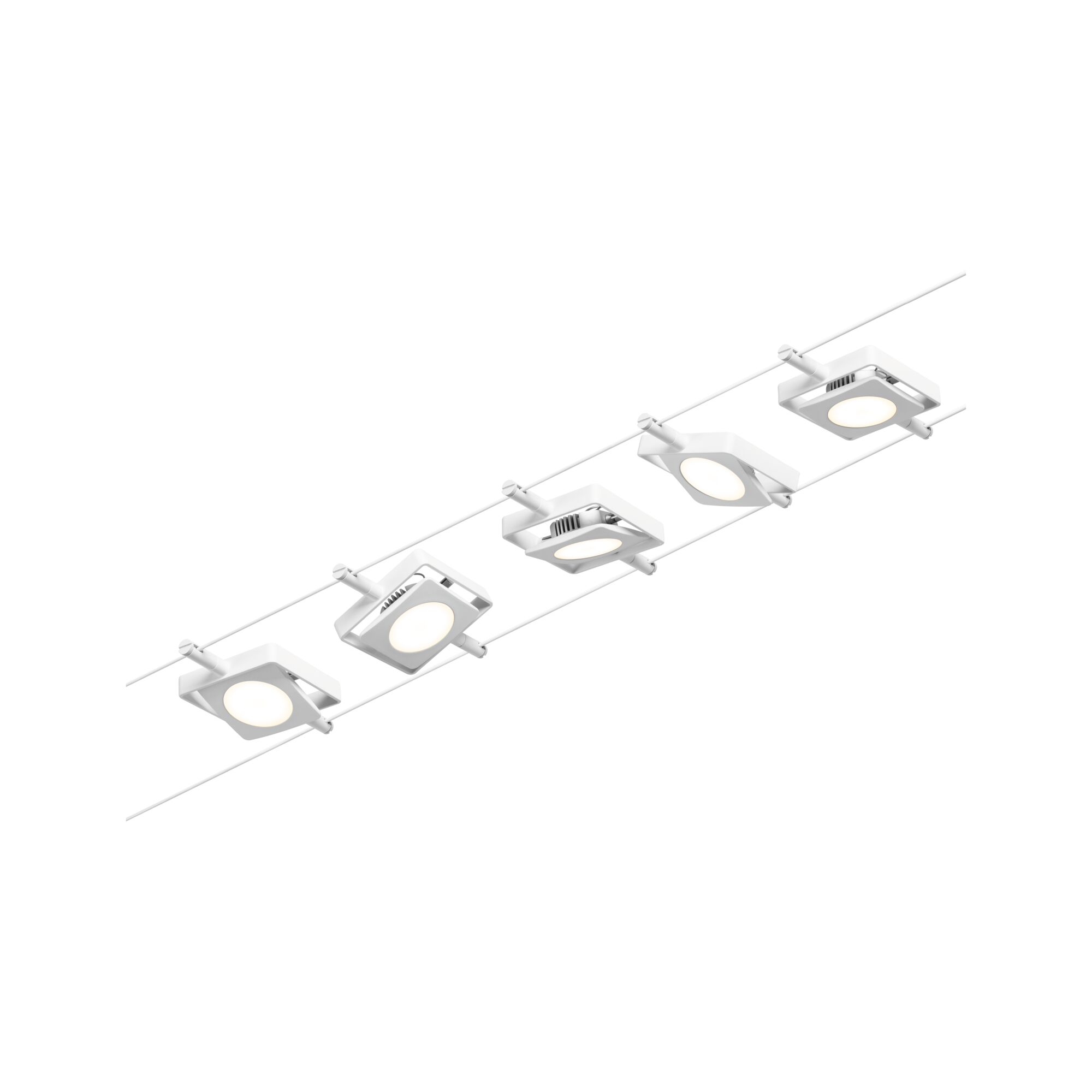 Fünf weiße LED-Seilstrahler mit quadratischem Design für moderne Raumbeleuchtung.