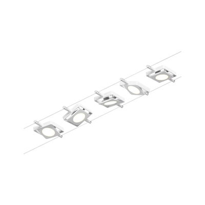 Fünf weiße LED-Seilstrahler mit quadratischem Design für moderne Raumbeleuchtung.