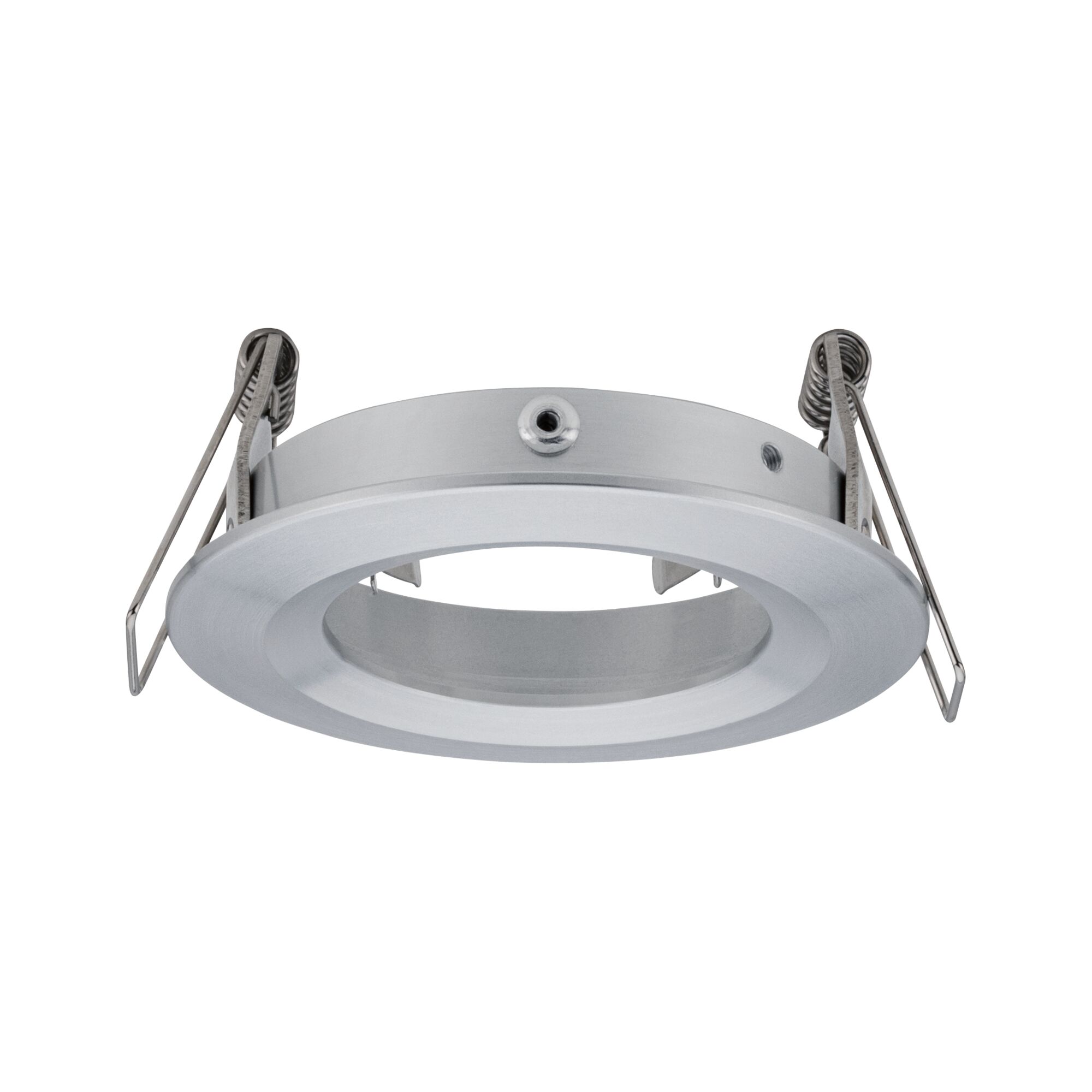 Round recessed spotlight made of brushed aluminum in silver with spring clips for ceiling installation
