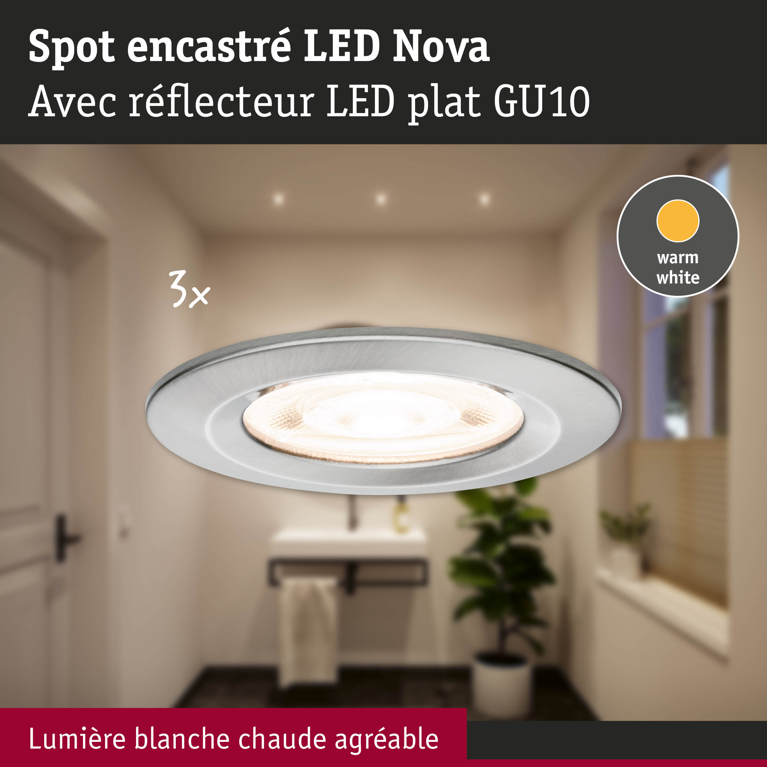 Spot encastré LED Nova en aluminium argenté avec lumière blanc chaud pour éclairage intérieur
