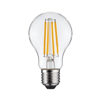 LED-pære med klart glas og gule filamenter, energibesparende lampe med E27-fatning