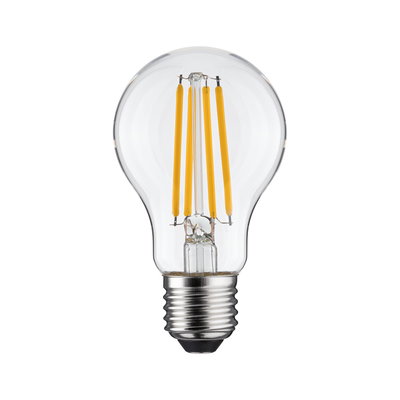 LED-pære med klart glas og gule filamenter, energibesparende lampe med E27-fatning