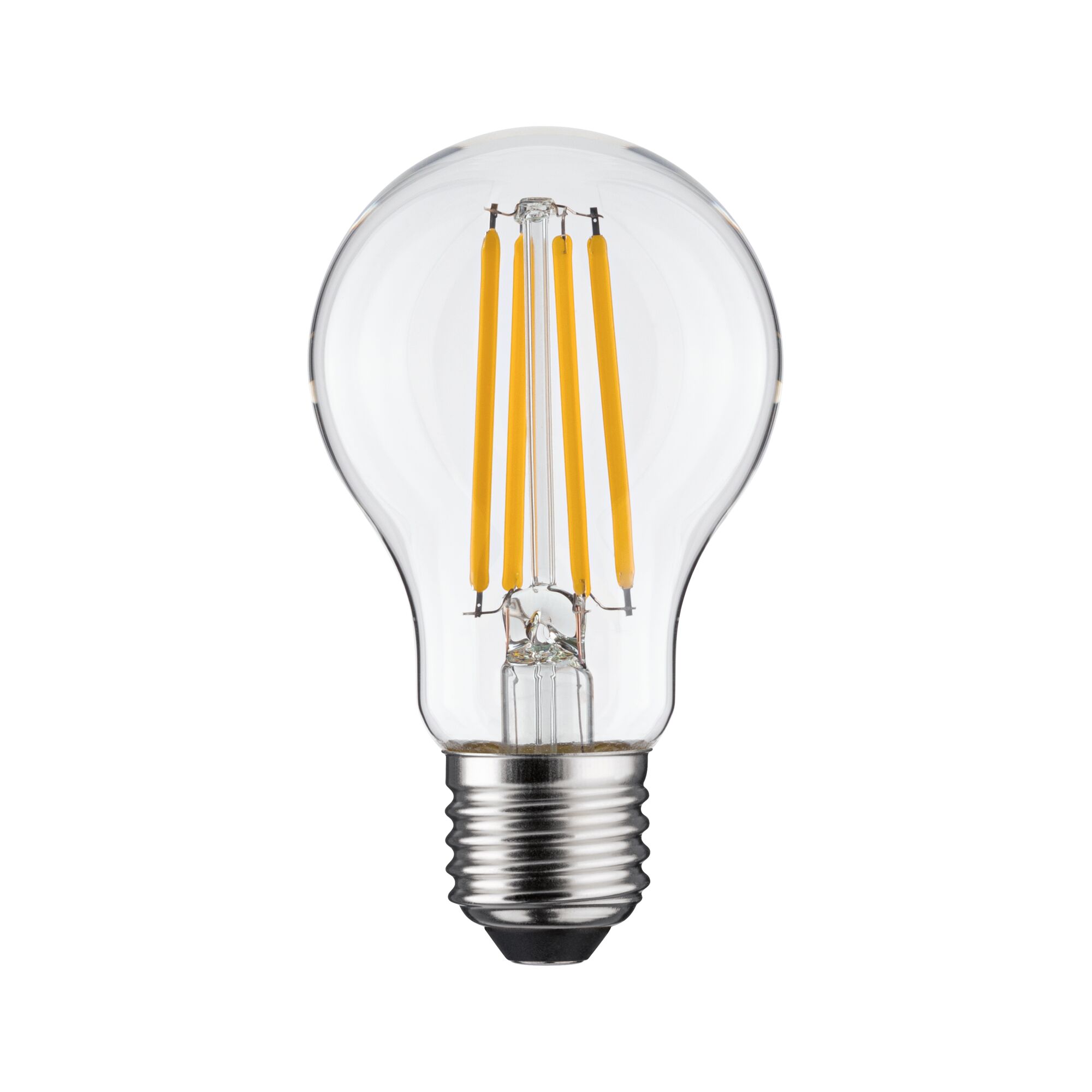 LED-pære med klart glas og gule filamenter, energibesparende lampe med E27-fatning