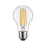 LED-pære med klart glas og gule filamenter, energibesparende lampe med E27-fatning