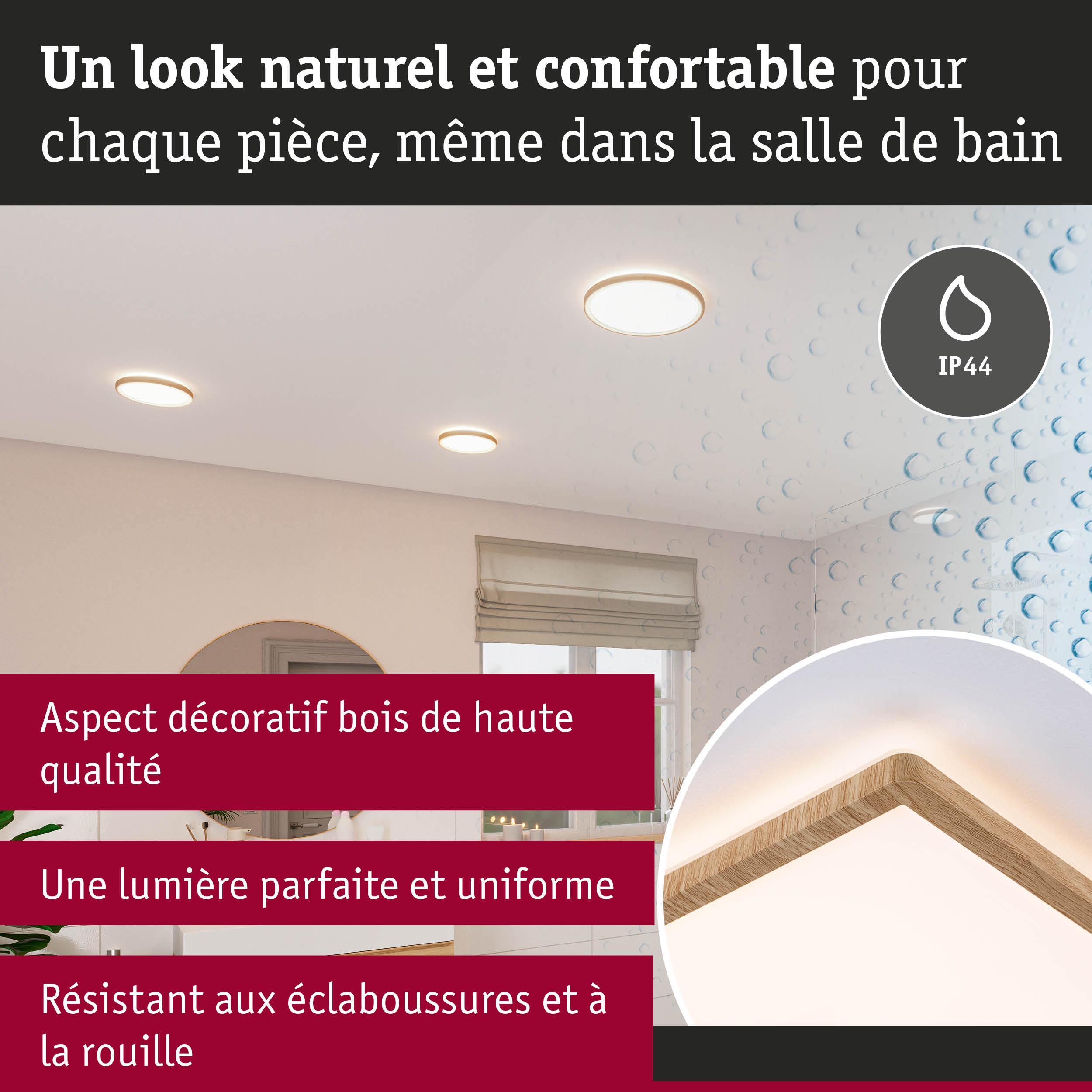 Plafonniers ronds aspect bois, IP44, parfaits pour salle de bain avec lumière uniforme et résistante.