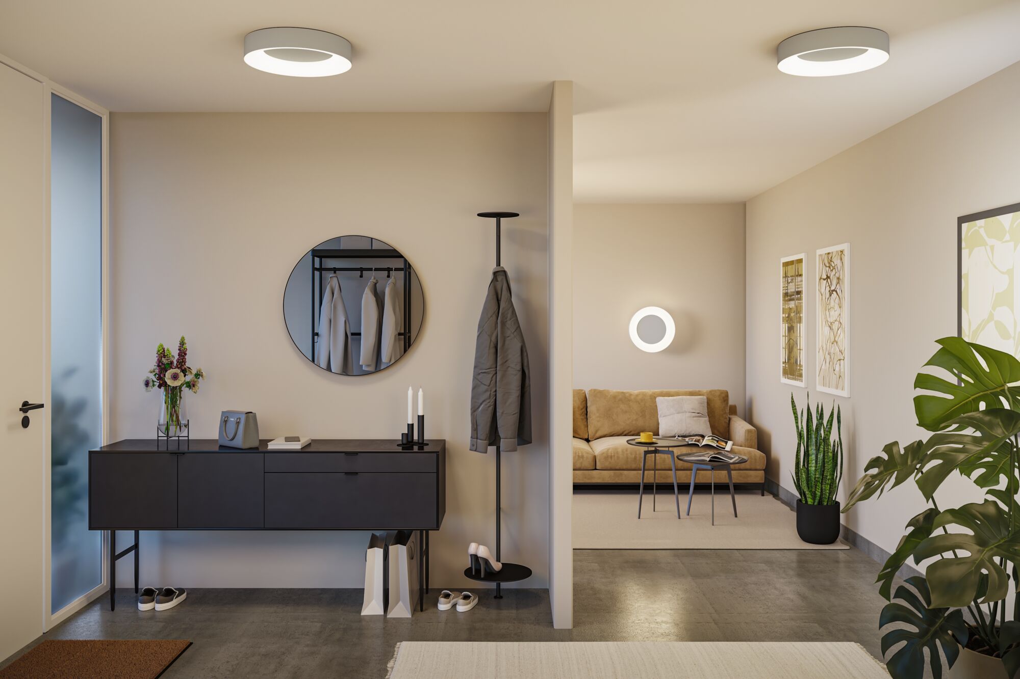 Modernes Wohnzimmer mit runden weißen LED-Deckenleuchten aus Kunststoff und stilvoller Einrichtung
