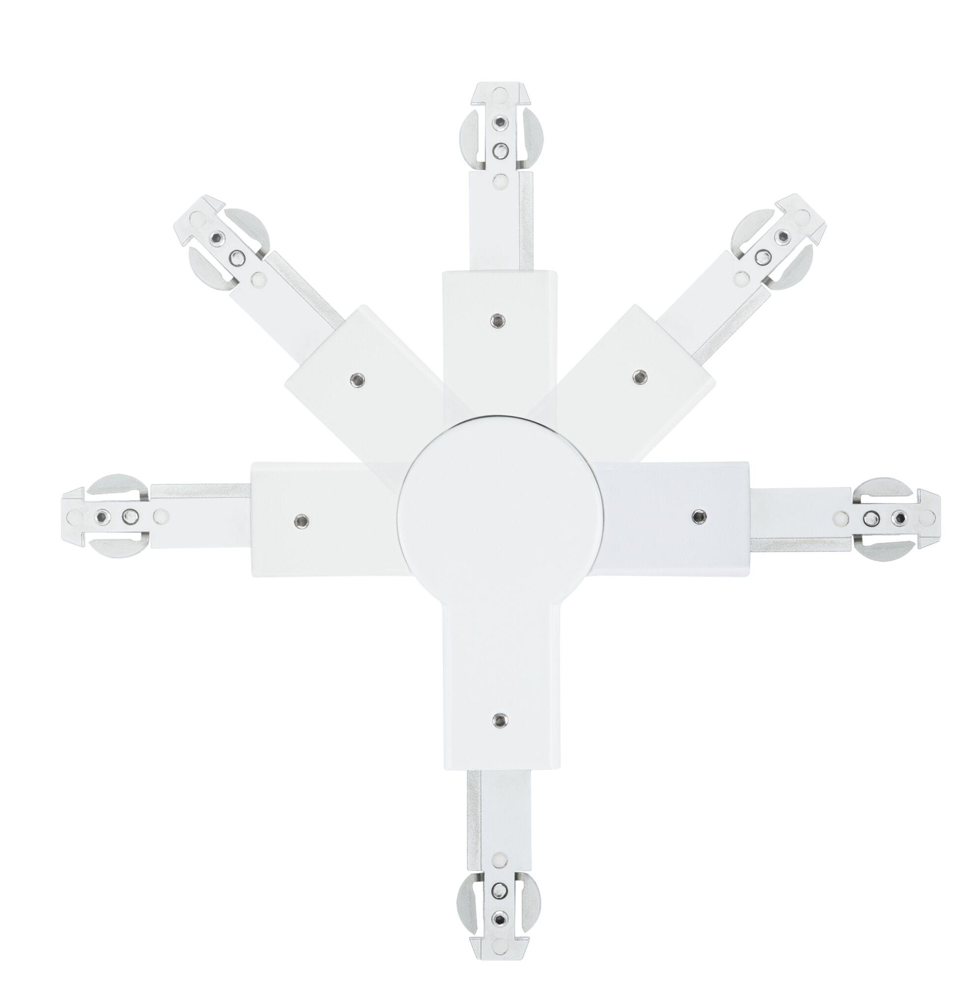 Witte metalen connector voor railsystemen met vijf verstelbare armen voor flexibele verlichting