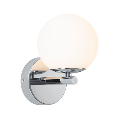 Modern wall light with chrome metal arm and white glass lampshade for indoor lighting