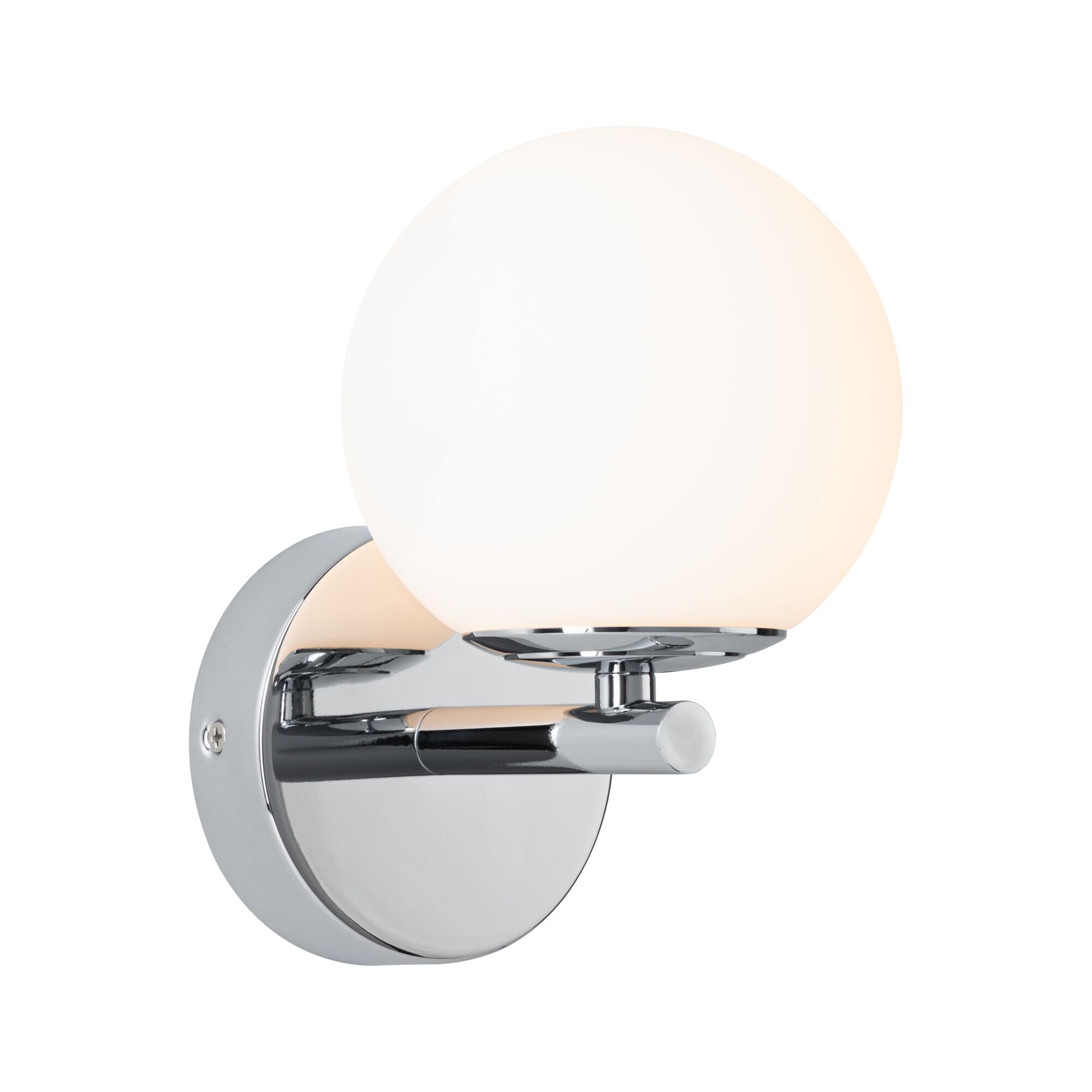 Selection Bathroom LED Wandleuchte Gove IP44 3000K 400lm 230V 5W Chrom/Satin Moderne Wandleuchte mit chromfarbenem Metallarm und weißem Glaslampenschirm für Innenbeleuchtung