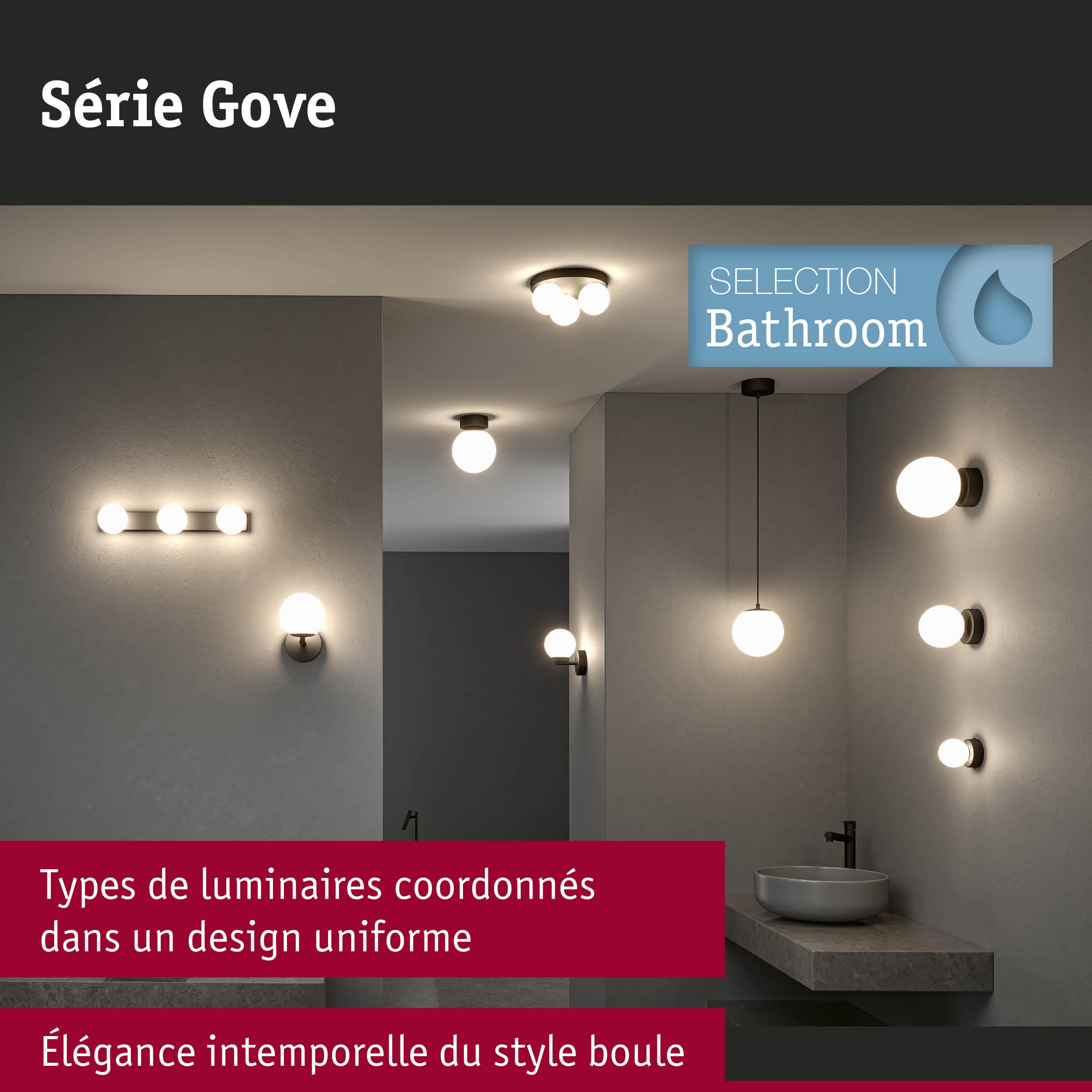 Différents luminaires ronds de la série Gove en noir mat avec lumière blanche chaude pour salle de bain