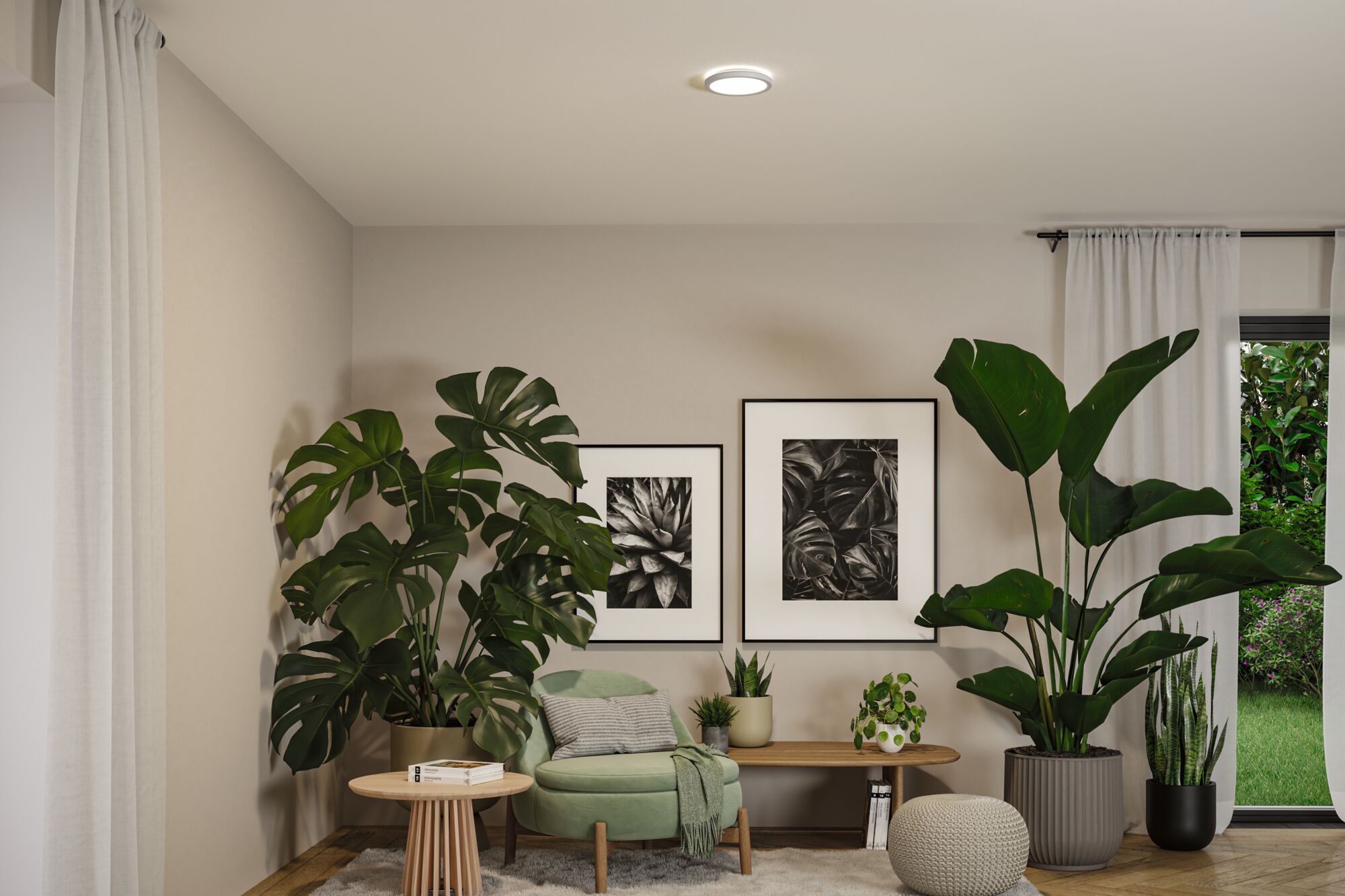 Modern living room with green armchair, large indoor plants, and round white ceiling light fixture.