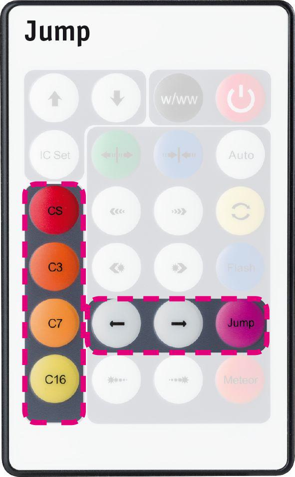 Remote control with colored buttons CS, C3, C7, C16 and Jump function for light control.