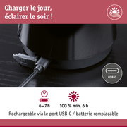 Gros plan d’un appareil noir avec port USB-C et batterie remplaçable pour éclairage LED