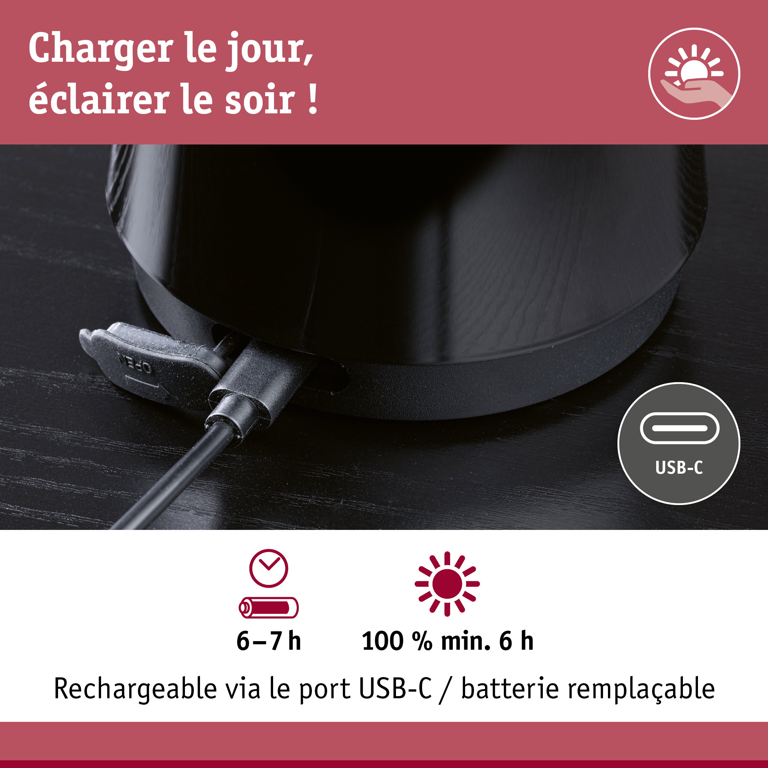 Gros plan d’un appareil noir avec port USB-C et batterie remplaçable pour éclairage LED