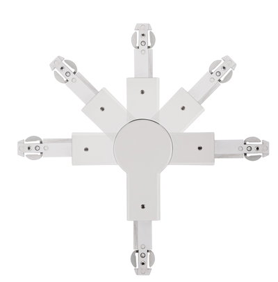 Witte metalen connector voor railsystemen met verstelbare armen voor flexibele verlichting