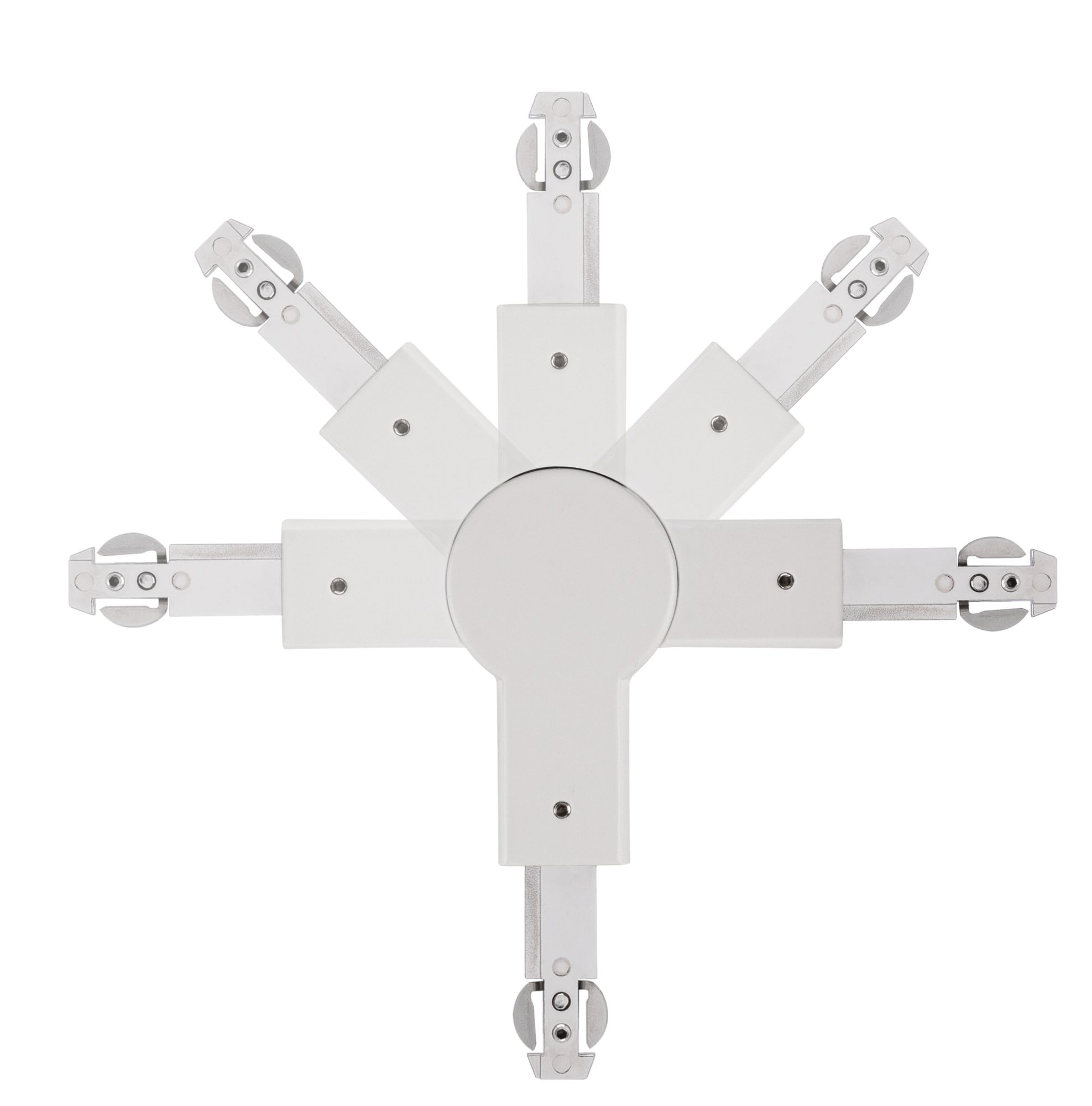White metal joint with adjustable arms for flexible lighting systems and lamp mounting
