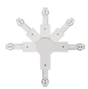 Witte metalen connector met vijf armen en schroeven voor railsystemen en verlichting
