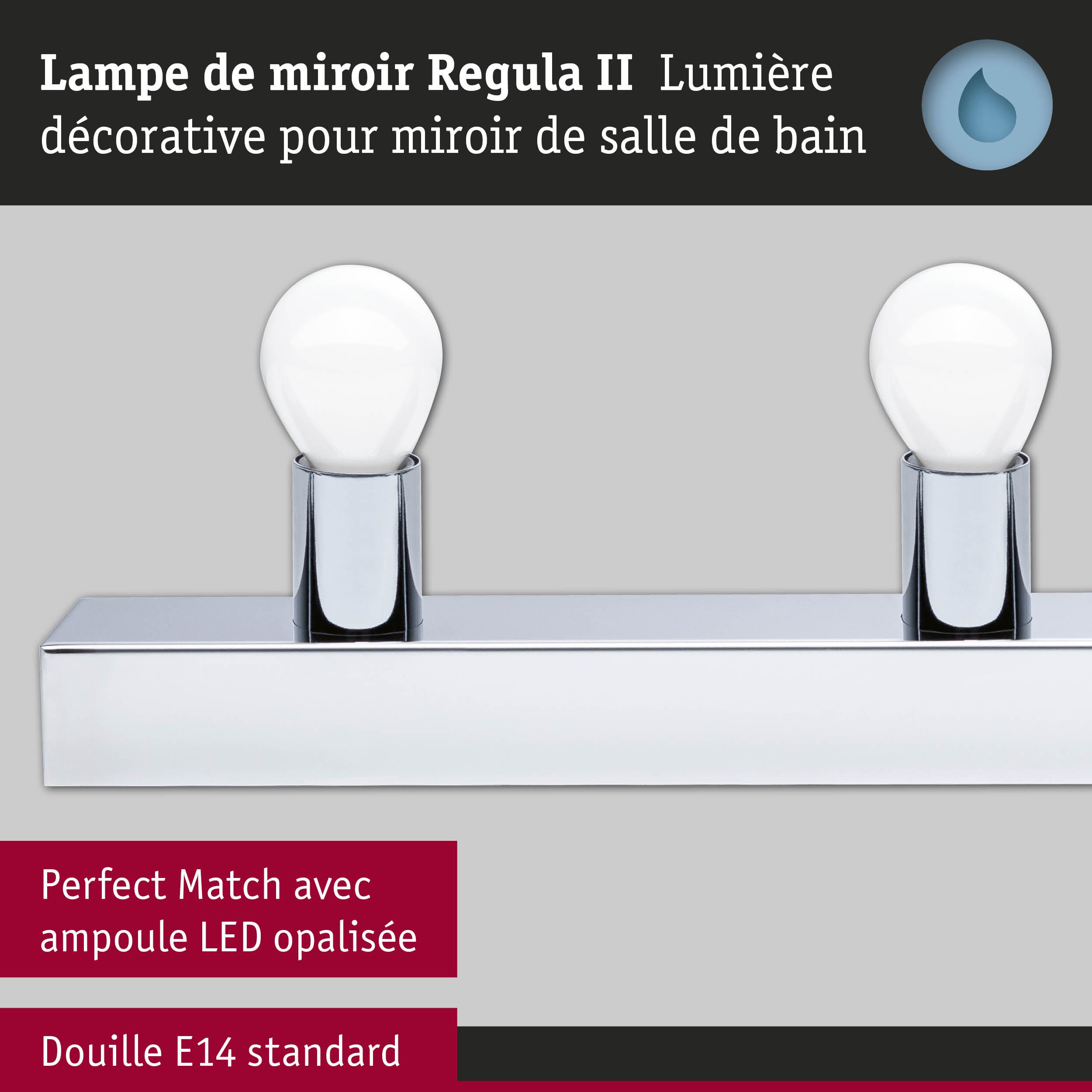Lampe de miroir Regula II en chrome avec deux ampoules LED blanches et douille E14 standard
