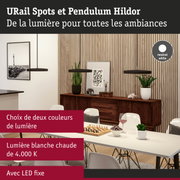 Suspensions noires modernes dans salle à manger avec mur en lattes de bois et éclairage LED fixe