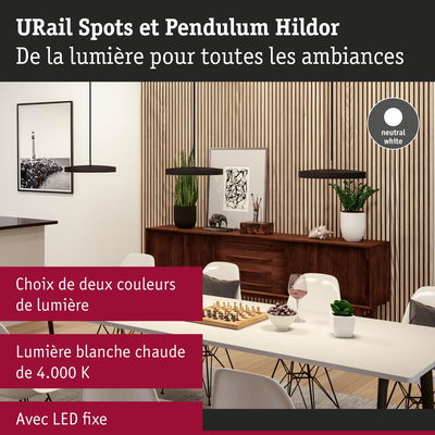 Suspensions noires modernes avec lumière LED blanc neutre au-dessus de la table à manger et buffet