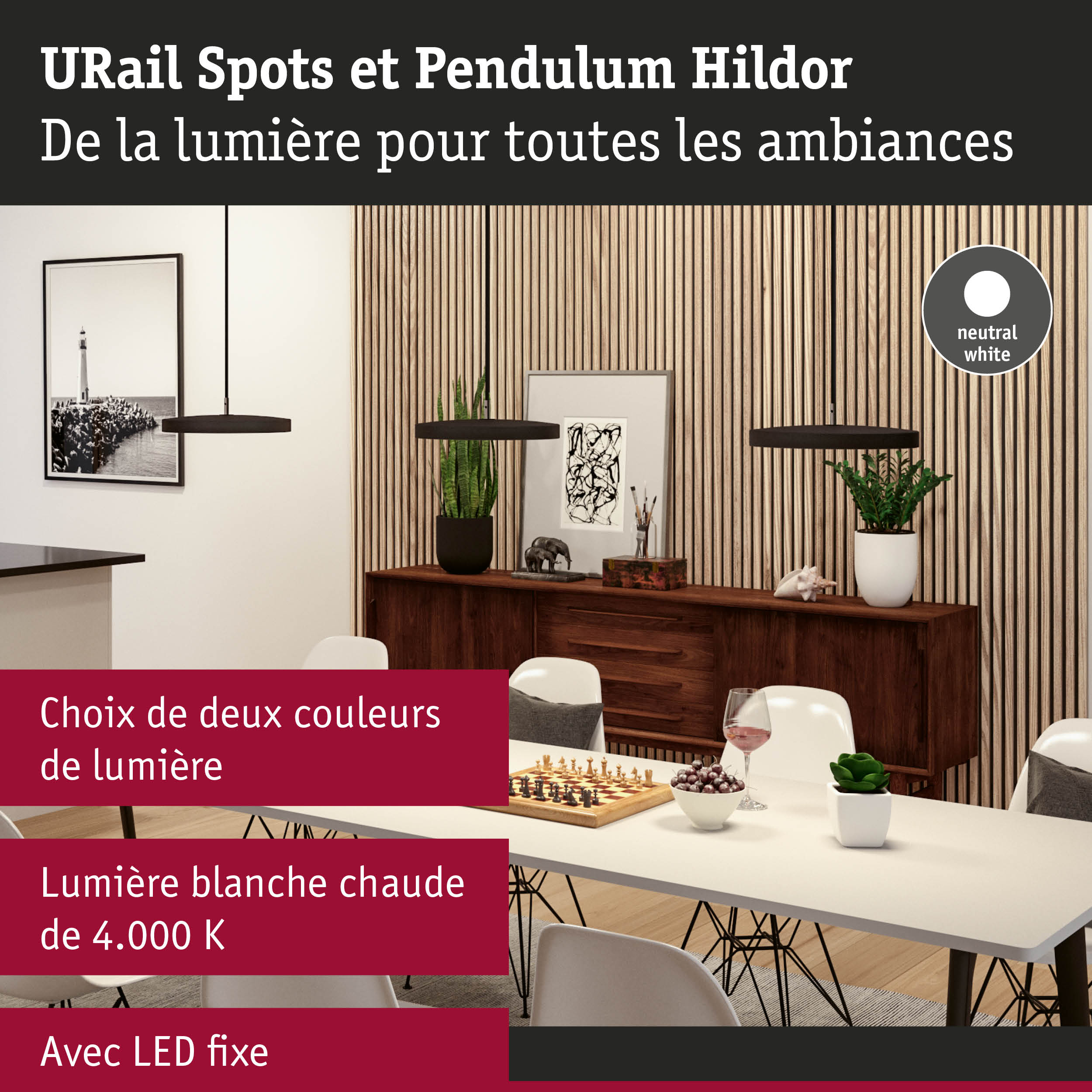 Suspensions noires modernes dans salle à manger avec mur en lattes de bois et éclairage LED fixe