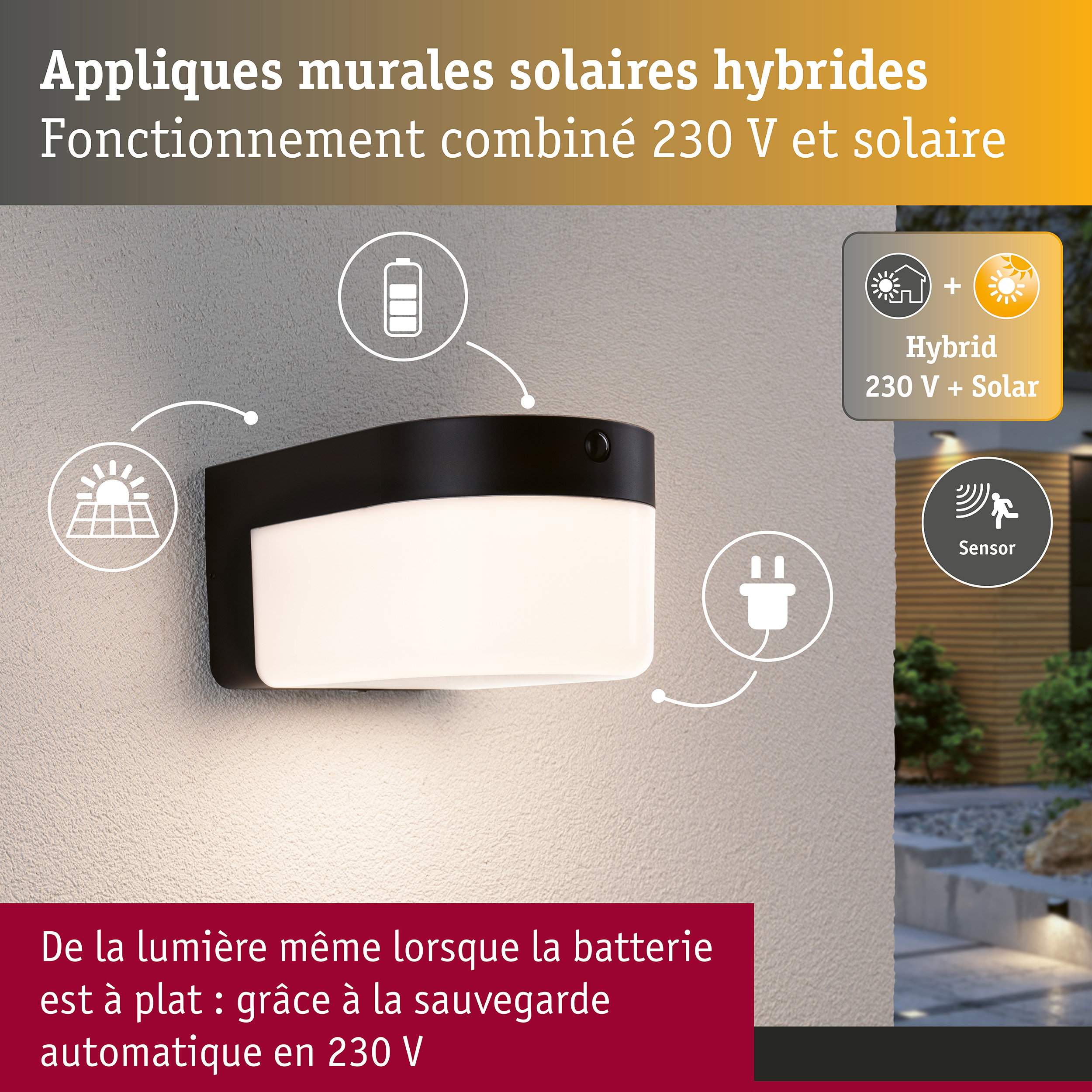 Hybrid Applique d'extérieur LED Calyne House 230V + Solaire IP44 carré 145x229mm 3000K 2,3W 230lm 230V Noir