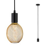 Suspension moderne avec col en métal noir et abat-jour en treillis doré, compatible ampoules LED