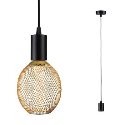 Suspension moderne avec col en métal noir et abat-jour en treillis doré, compatible ampoules LED