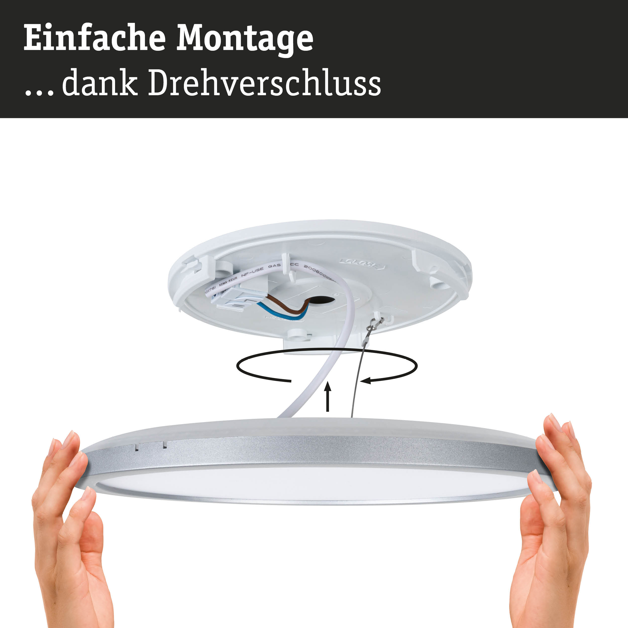 Weiße Deckenleuchte mit silbernem Rand und Drehverschluss für einfache Montage und LED-Beleuchtung