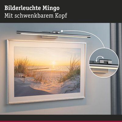 Bilderleuchte Mingo in Metall silber mit schwenkbarem Kopf zur Beleuchtung von Wandbildern