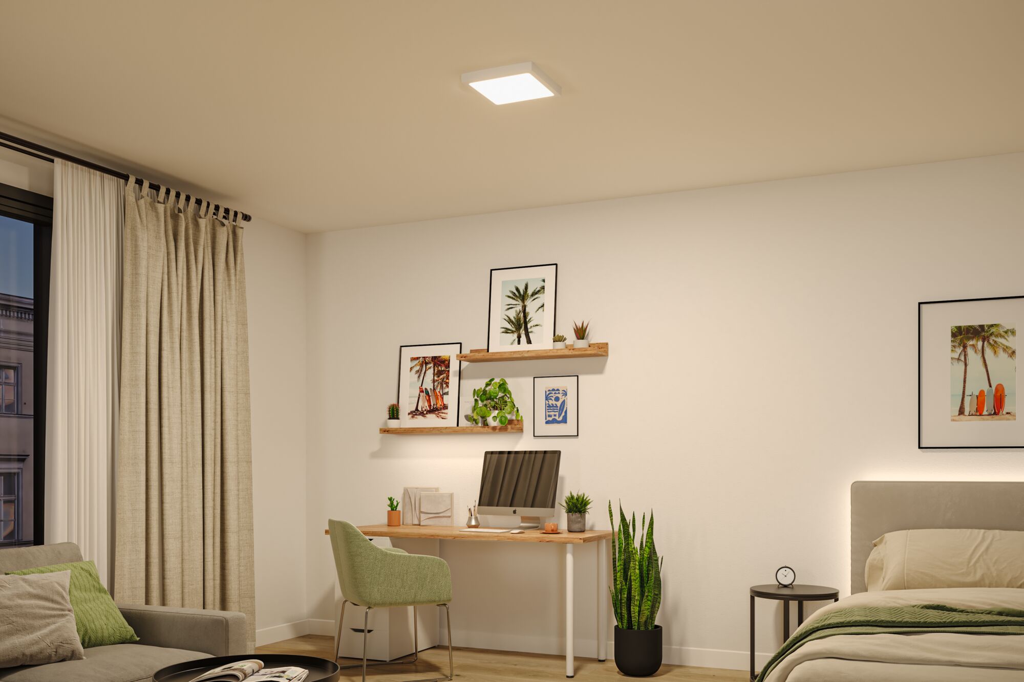 Modernes Schlafzimmer mit grünem Stuhl, Holzschreibtisch und quadratischer Deckenleuchte in Weiß