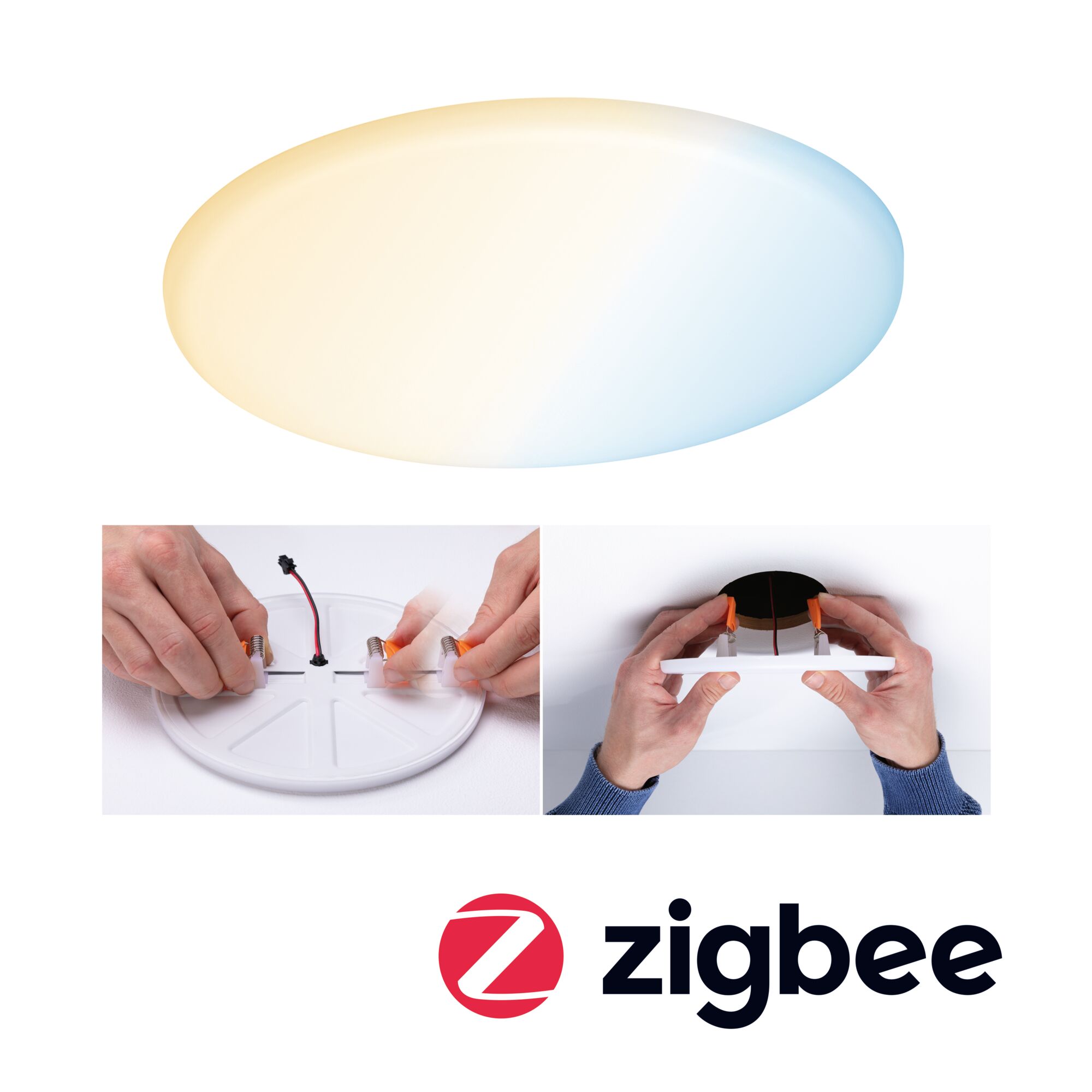 Round LED ceiling light with warm and cool white light, mounting clips, and Zigbee wireless technology