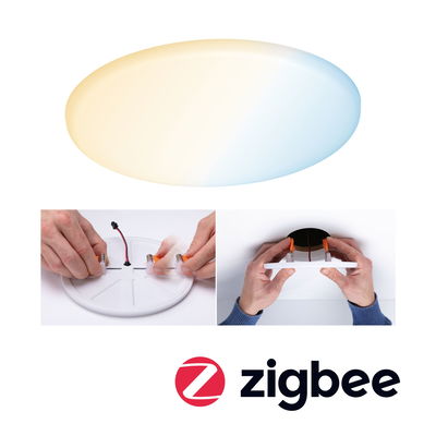 Round LED ceiling light with warm and cool white light, mounting clips, and Zigbee wireless technology