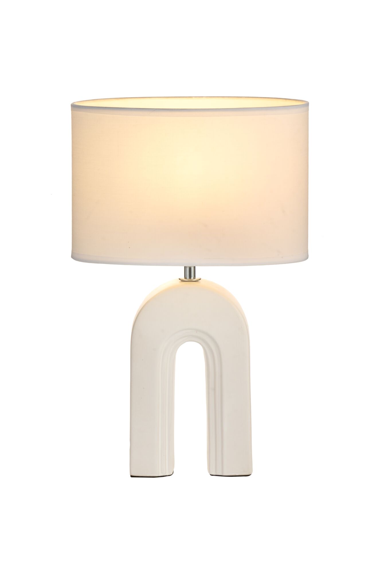 Moderne witte tafellamp met stoffen kap en boogvormige keramische voet voor woonverlichting