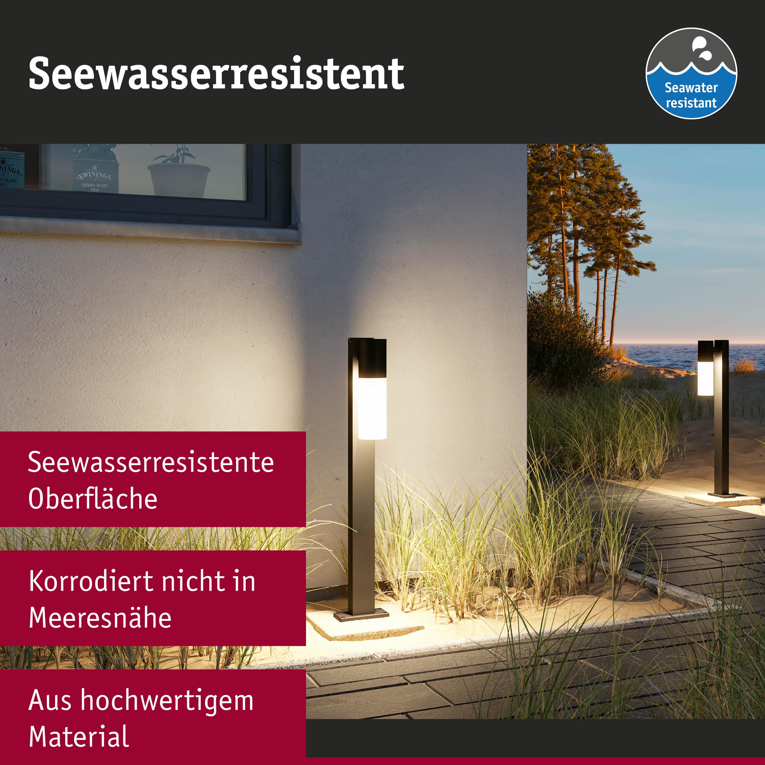 Seewasserresistente Außenleuchte mit schwarzem Metallgehäuse und weißem Licht für Gartenwege und Küstenbereiche