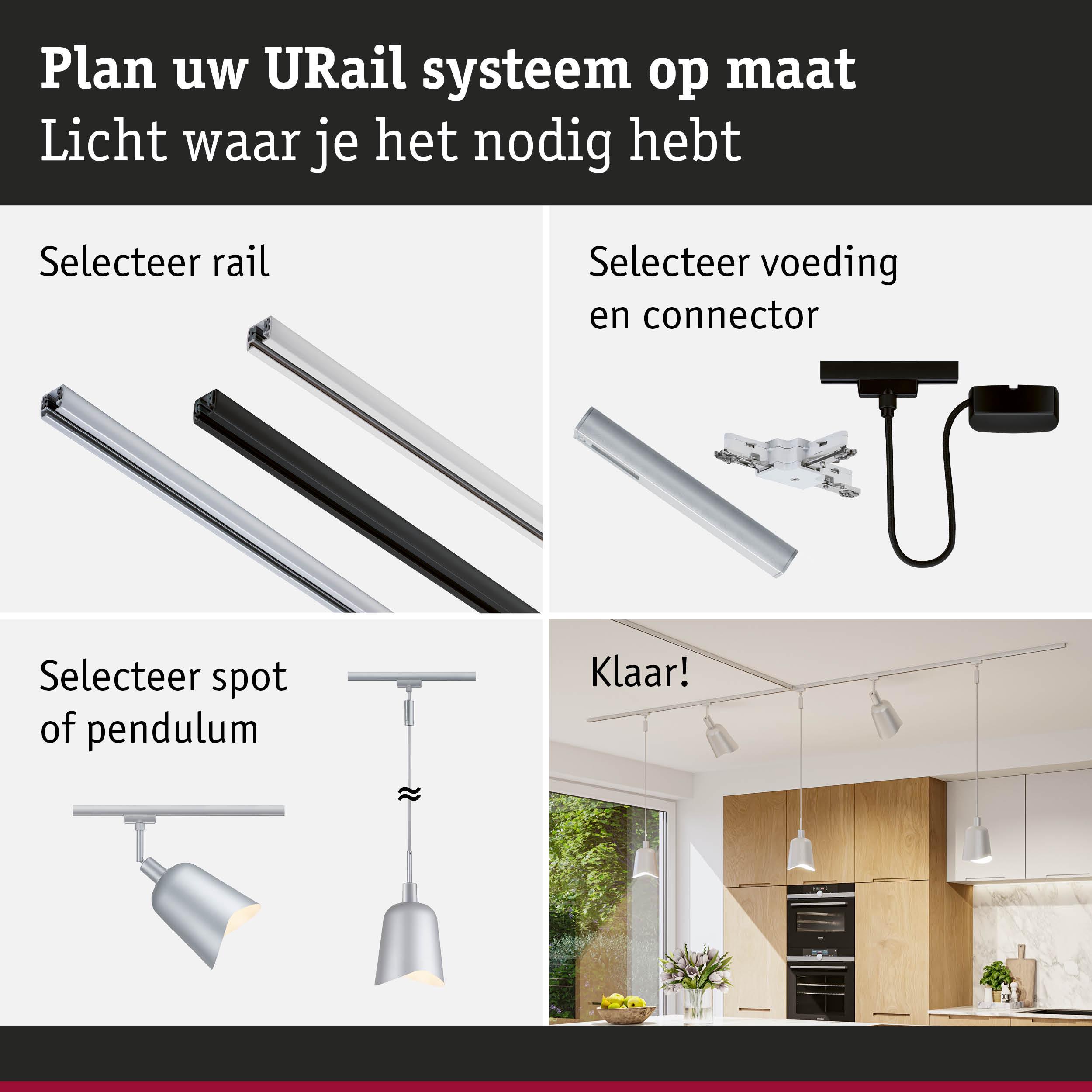 Modulair URail railsysteem met zwarte en zilveren aluminium rails voor flexibele verlichting.