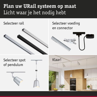 Modulair URail railsysteem met zwarte en zilveren aluminium rails voor flexibele verlichting.