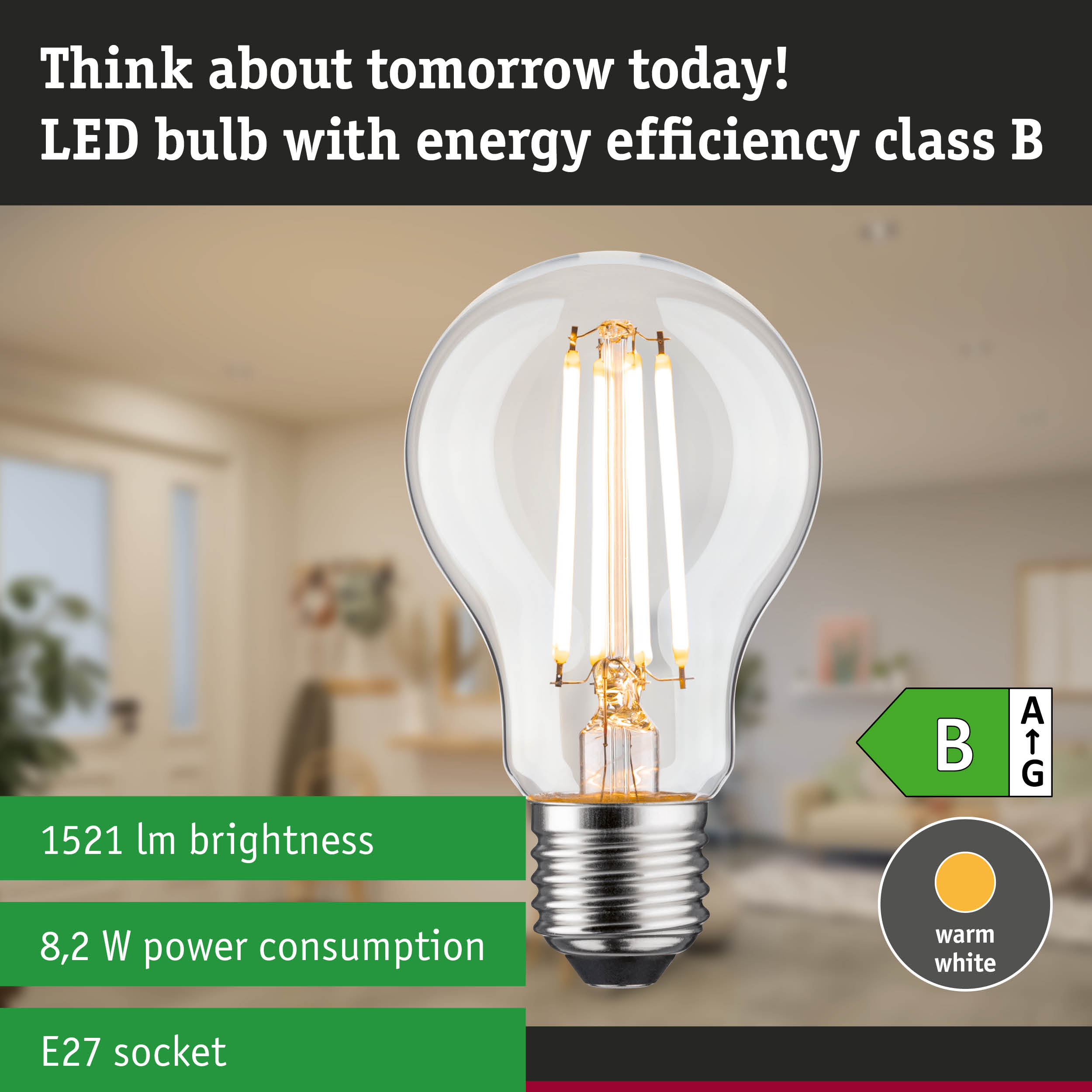 Clear LED bulb with warm white light and 3-step dimming for energy-efficient lighting solutions