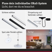 Modulares URail-Schienensystem mit weißen und schwarzen Schienen, Steckern und Pendelleuchten für flexible Raumbeleuchtung